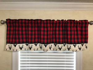 Window Valance- Red Plaid with Black and White Deer