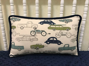 Vintage Cars and Trucks with Navy Accent Pillow