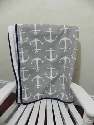 Gray Anchors with White and Navy Baby Blanket