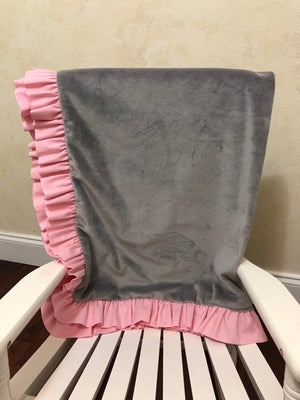 Gray Smooth Minky and Light Pink Baby Blanket with Ruffle