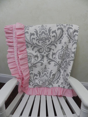 Gray Damask with Light Pink Baby Blanket with Ruffle